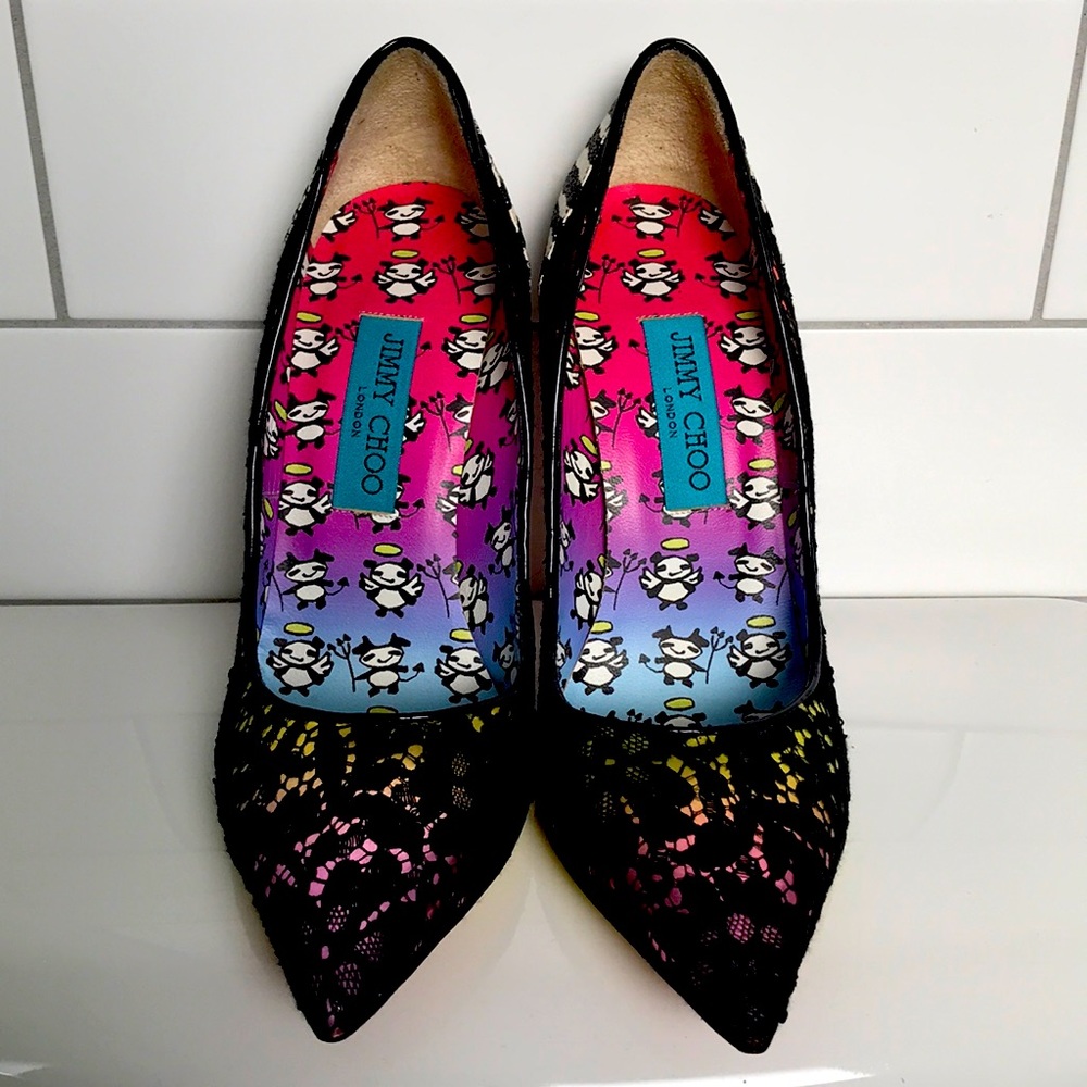 Authentic Jimmy Choo leather/lace 5” heel pumps